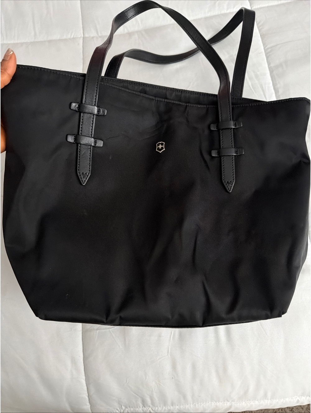 Victorinox Black Nylon Tote Bag with Leather Handles and Red